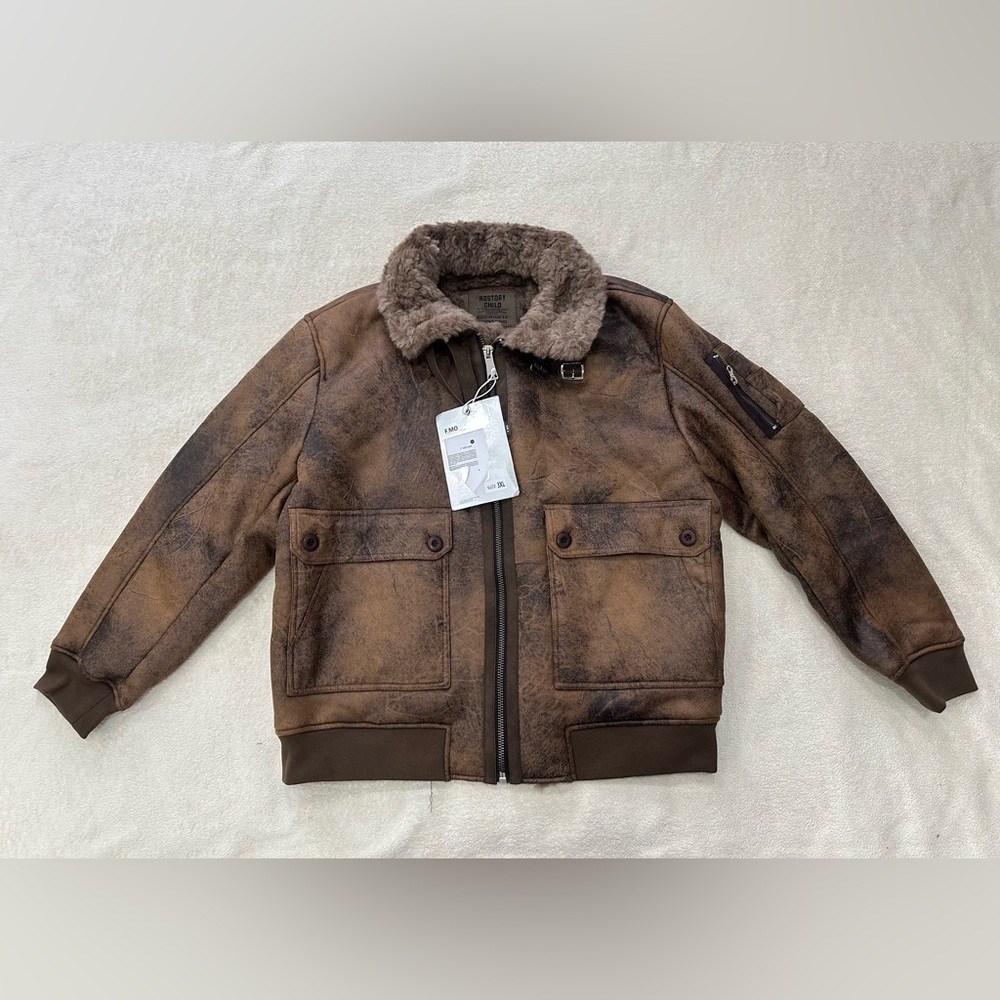 Men’s Faux Leather Jacket with Fur Collar Pockets Full Zipper Brown Size L